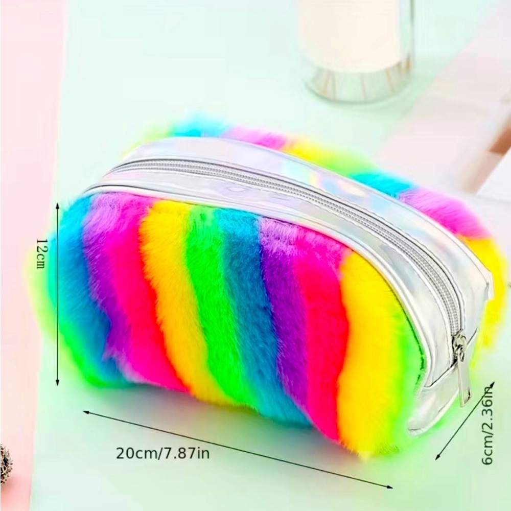 Cosmetic Bag Rainbow Iridescent Plush Pencil Case Zippered - Picture 2 of 6